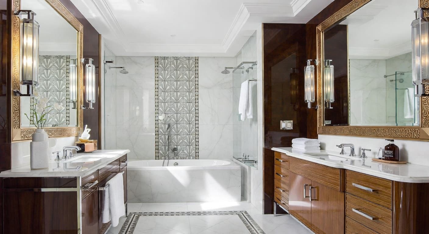 Art Deco bathroom with geometric tiles and brass fixtures designed by NewInterior AI
