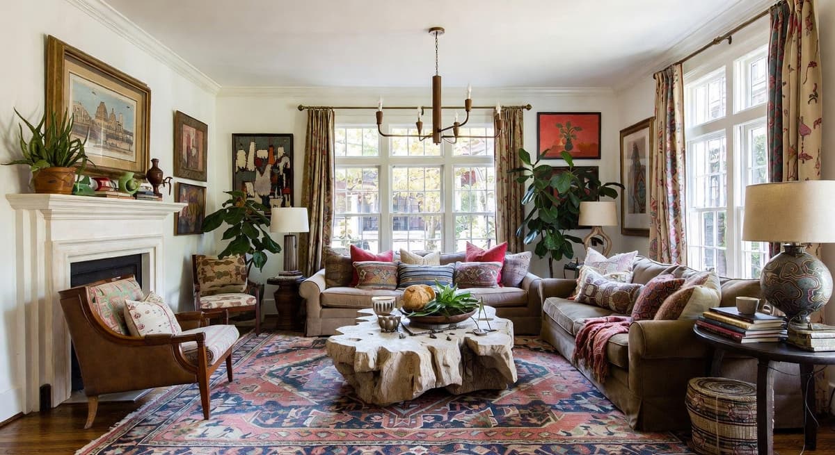 AI rug finder analyzing rug patterns in a bohemian living room