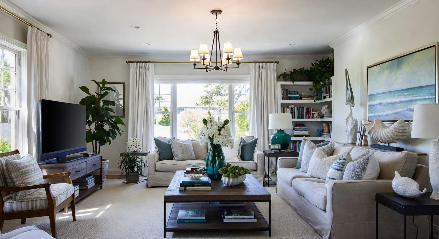 Coastal living room interior design - featuring coastal style furniture, decor, colors, and layout ideas for your living room