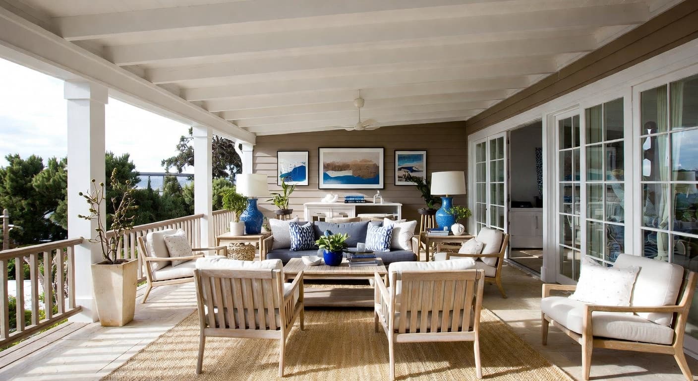 Coastal outdoor space interior design - featuring coastal style furniture, decor, colors, and layout ideas for your outdoor space