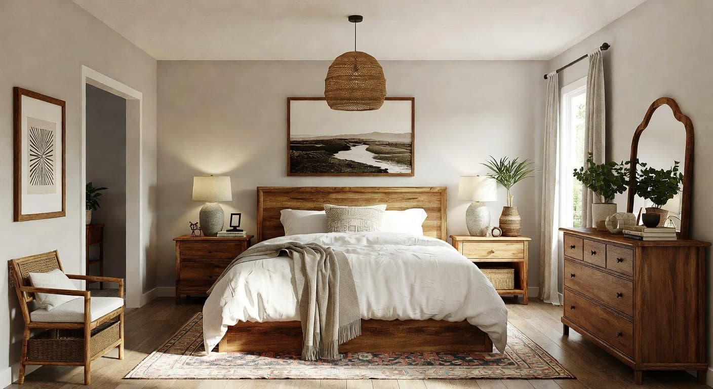 Farmhouse bedroom with warm wood accents and soft neutral linens designed by NewInterior AI