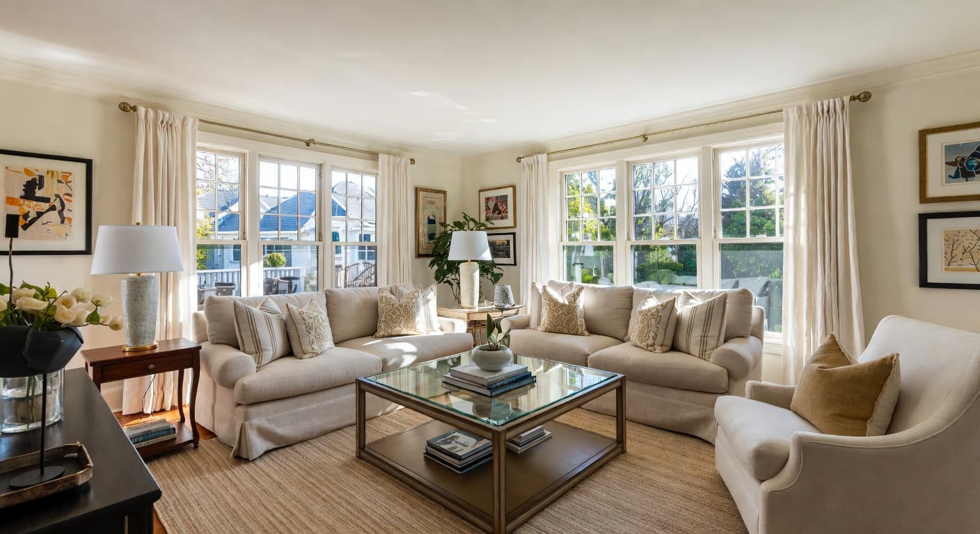 Hamptons-style living room with bright natural light and coastal elegance designed by NewInterior AI