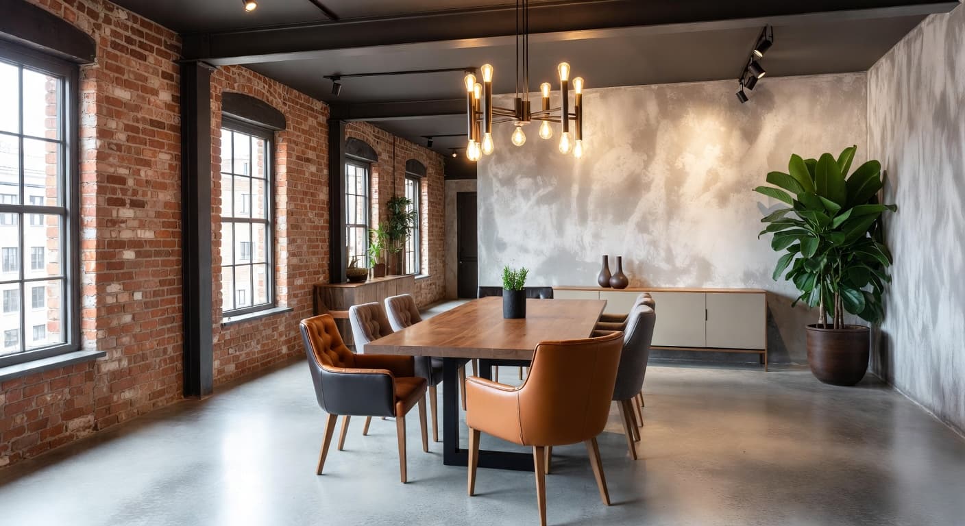 Industrial dining room interior design - featuring industrial style furniture, decor, colors, and layout ideas for your dining room
