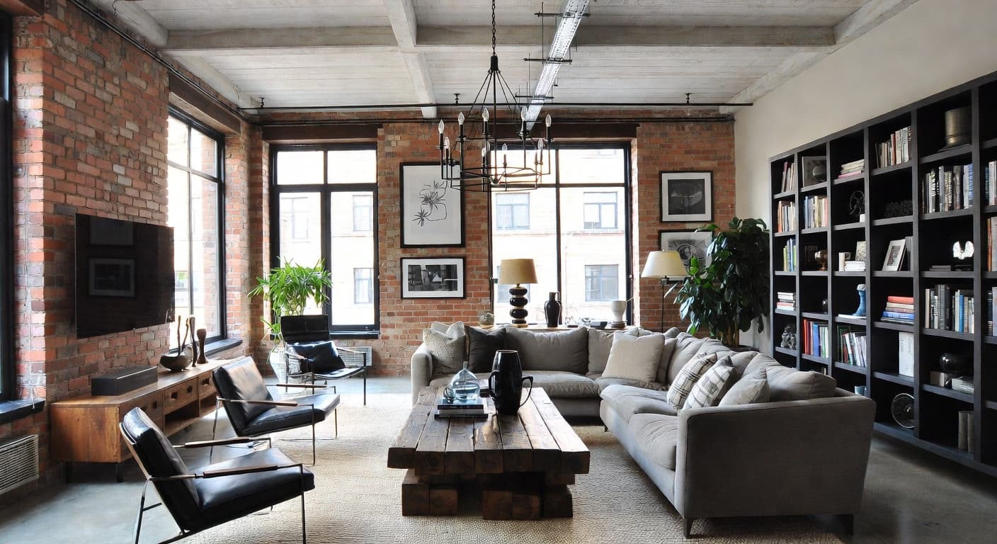 Industrial living room with furniture identified for shopping