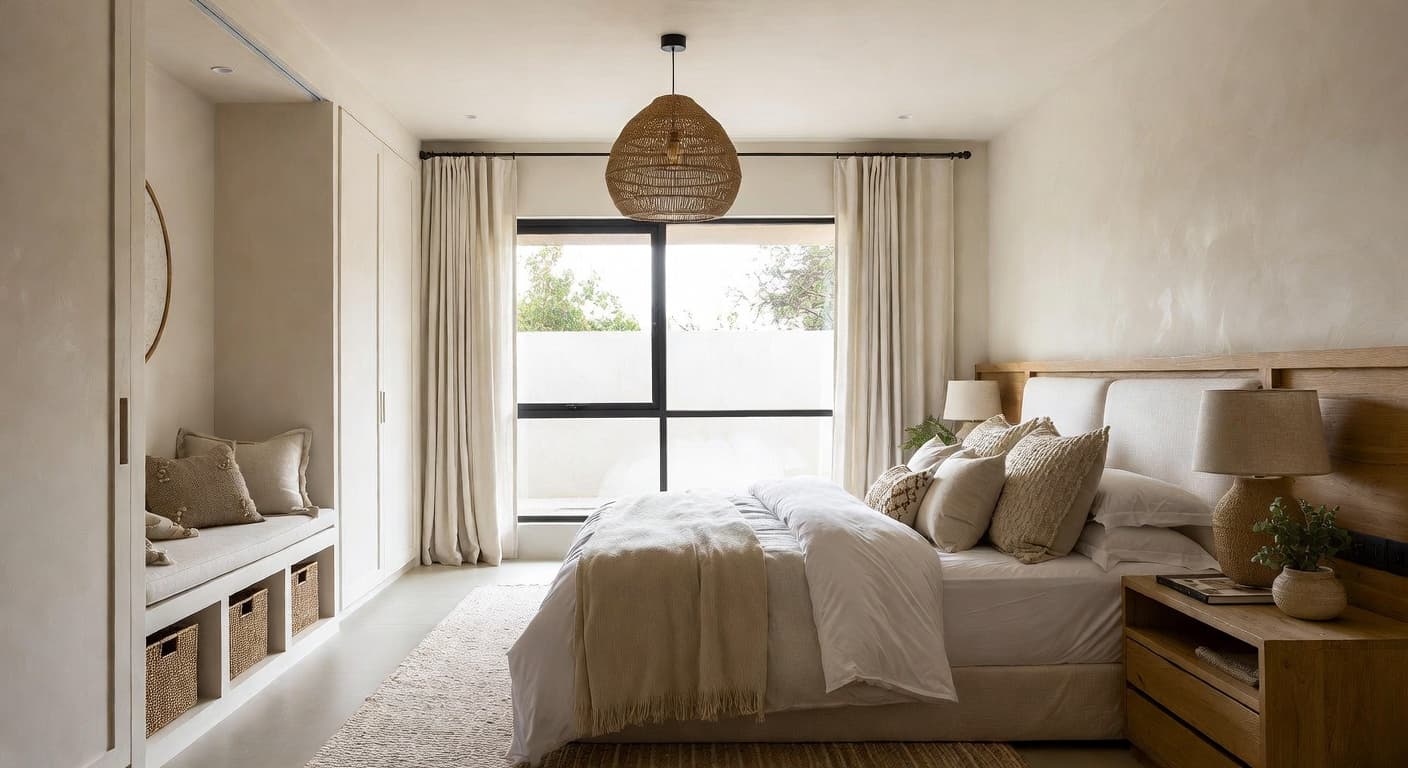 Japandi bedroom interior design - featuring japandi style furniture, decor, colors, and layout ideas for your bedroom