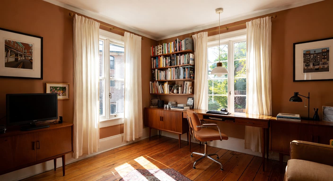 Mid-Century Modern home office interior design - featuring mid-century modern style furniture, decor, colors, and layout ideas for your home office