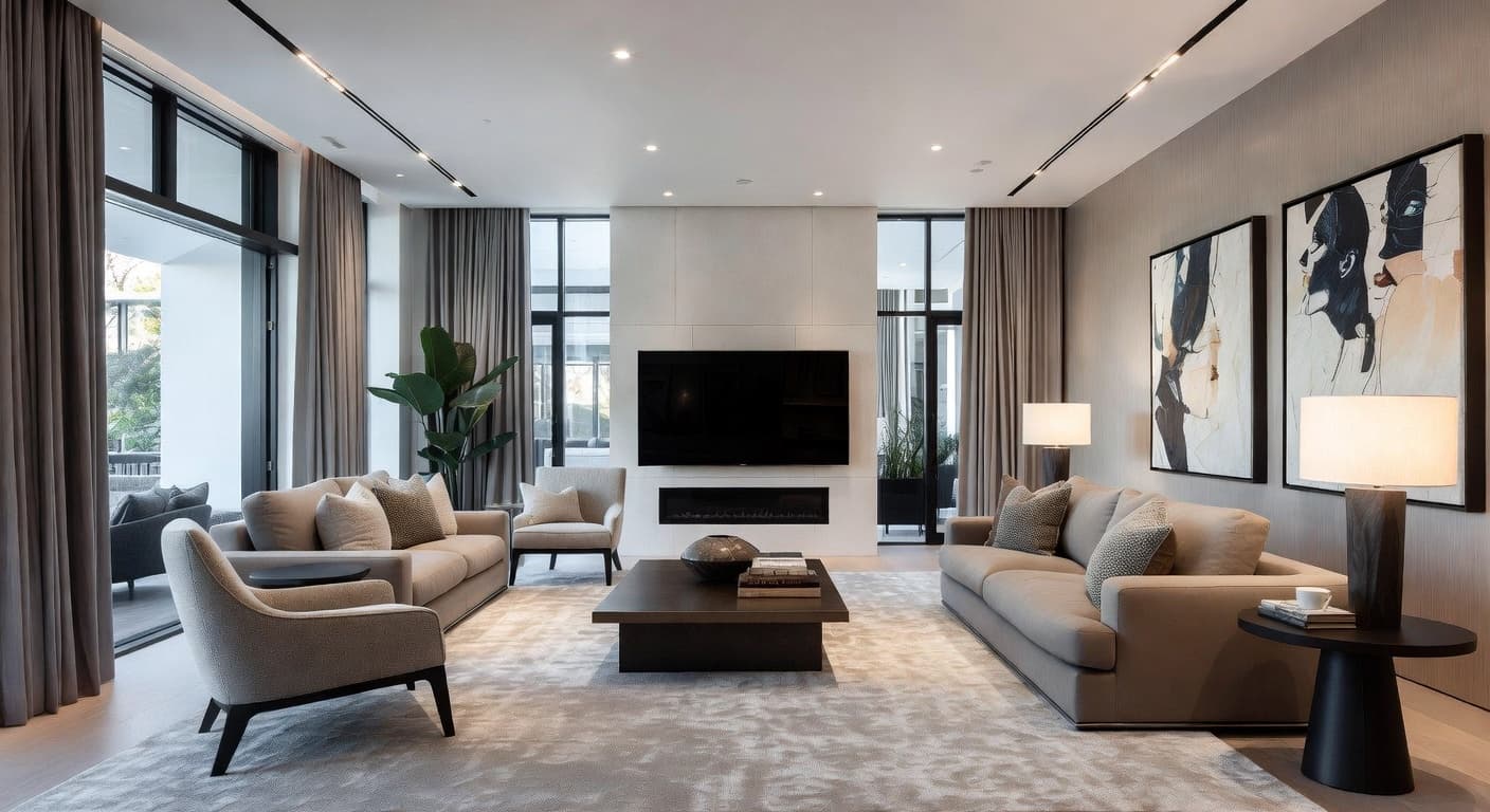 Modern living room with clean lines and warm lighting designed by NewInterior AI