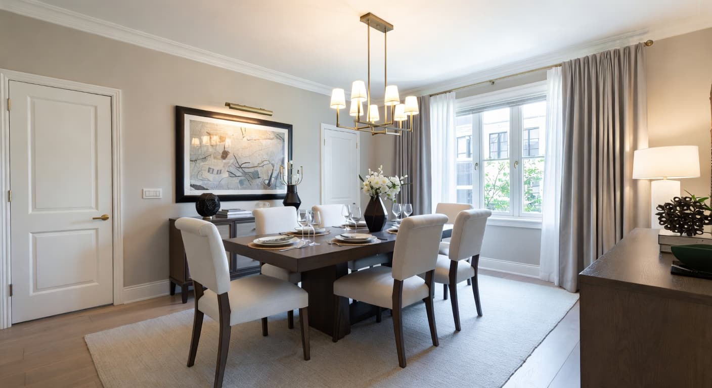 Transitional dining room interior design - featuring transitional style furniture, decor, colors, and layout ideas for your dining room