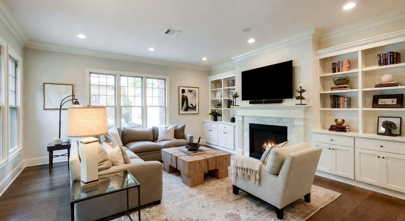 Bright transitional living room with natural light and neutral tones designed by NewInterior AI