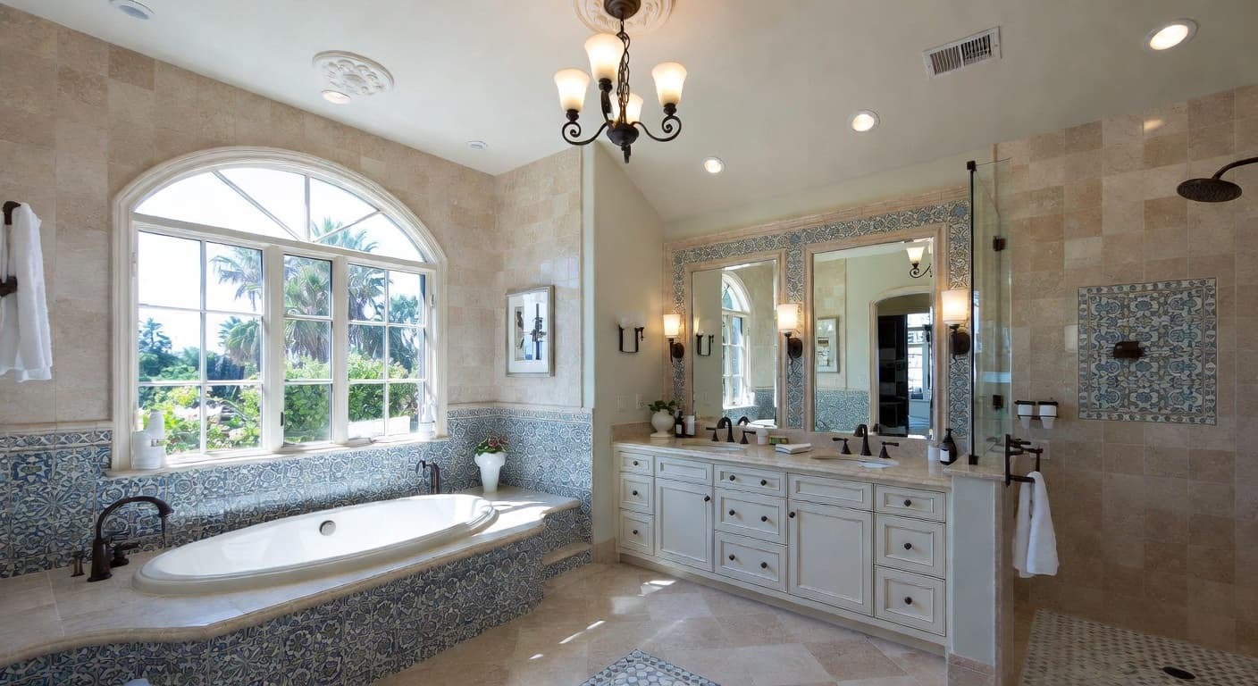 Mediterranean bathroom interior design - featuring mediterranean style furniture, decor, colors, and layout ideas for your bathroom