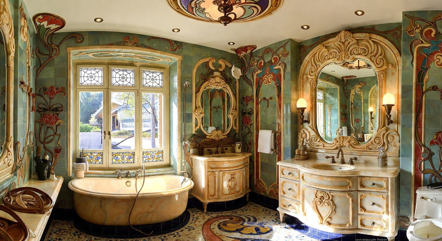 Art Nouveau bathroom with ornate detailing, curved lines, and elegant fixtures