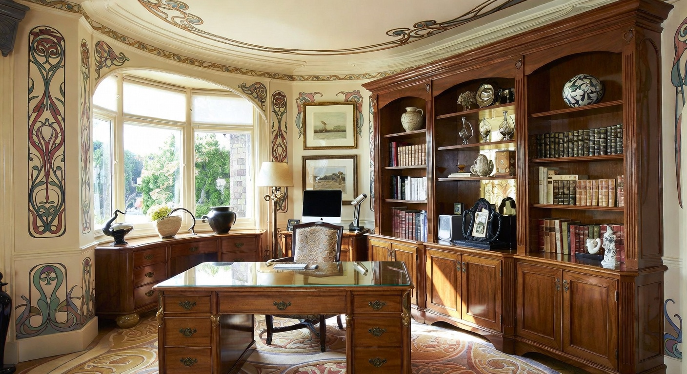 Art Nouveau home office with ornate details, warm lighting, and a curated workspace