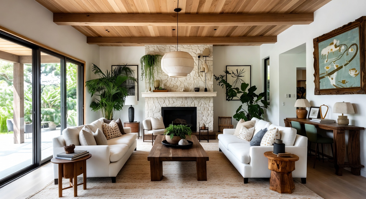 Biophilic living room with natural light and greenery