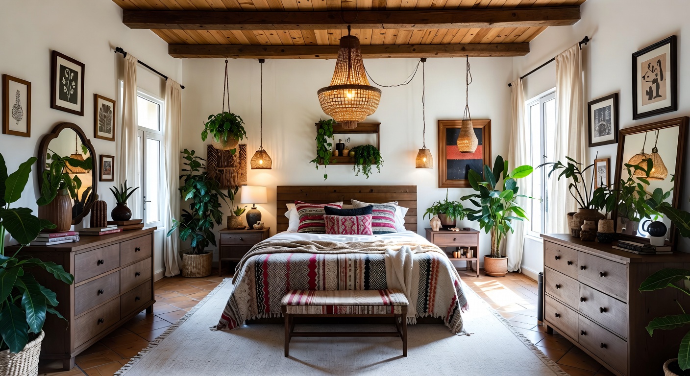 Bohemian bedroom with layered textiles, warm tones, and eclectic decor