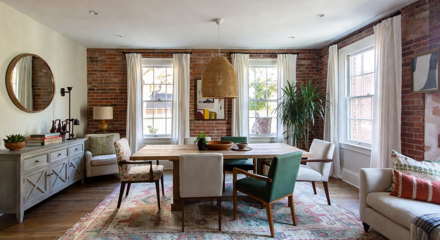 Bohemian dining room with eclectic furniture and warm layered textiles