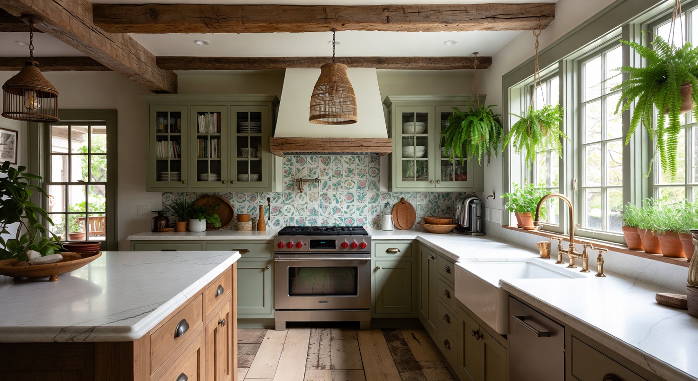 Cottagecore kitchen with open shelving, floral details, vintage cookware, and warm natural light