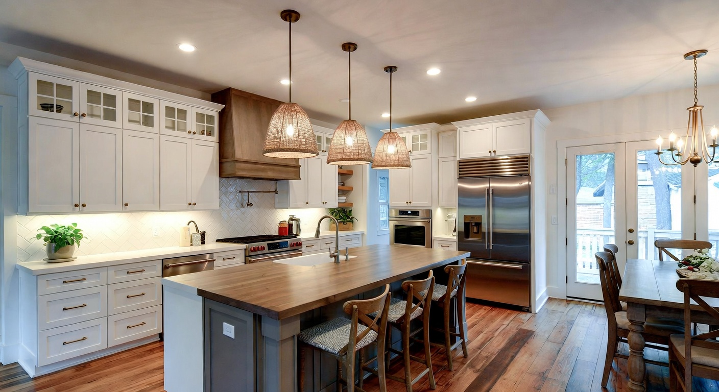Farmhouse kitchen with open shelving and warm wood tones