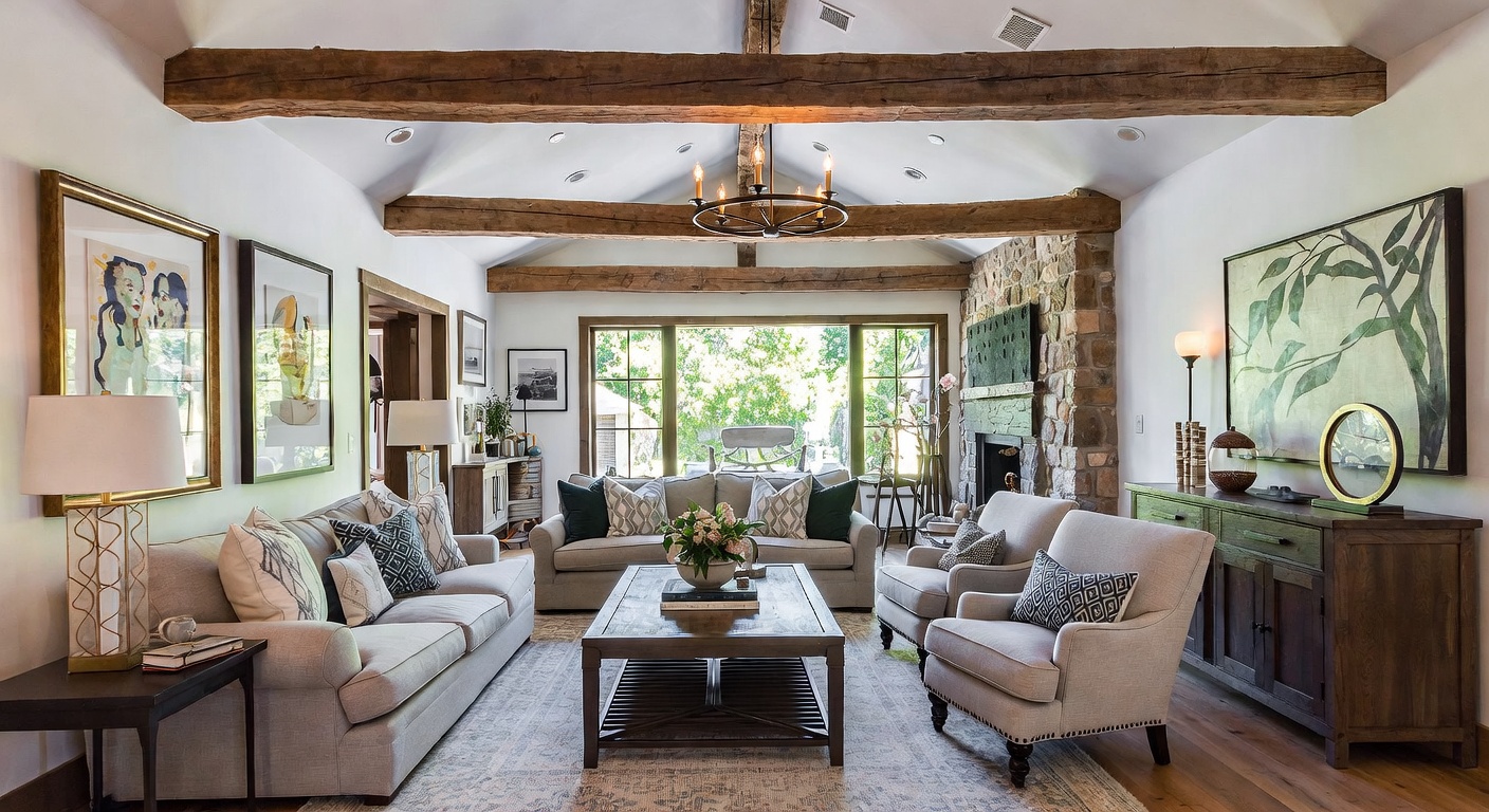 Farmhouse living room with warm wood beams and comfortable upholstered seating