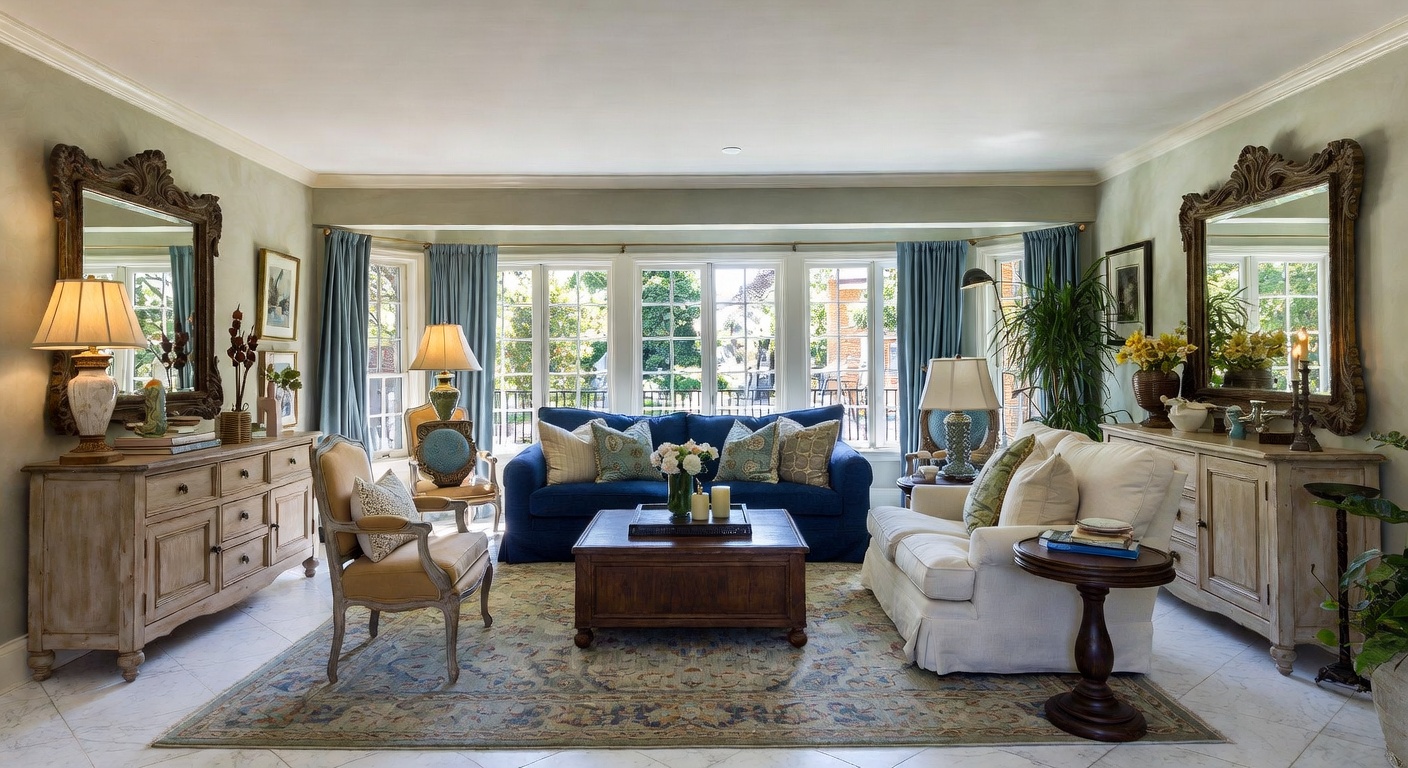 French Country living room with linen upholstery, distressed wood, and warm natural light