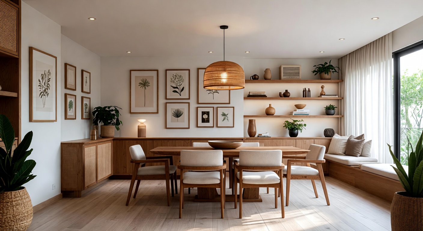 Japandi dining room with light wood table, low-profile seating, and clean natural aesthetic