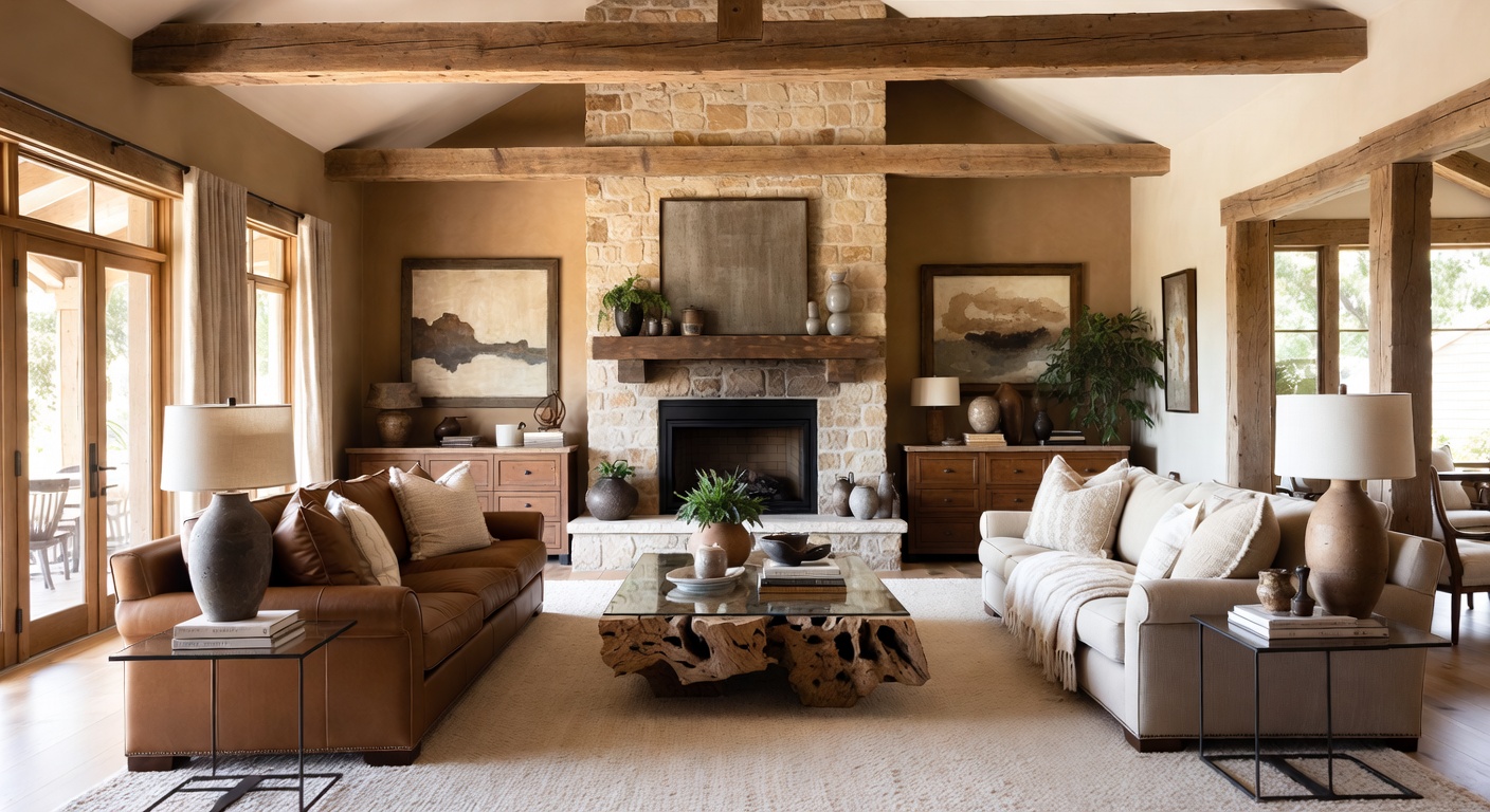 Modern rustic living room with warm tones and natural light
