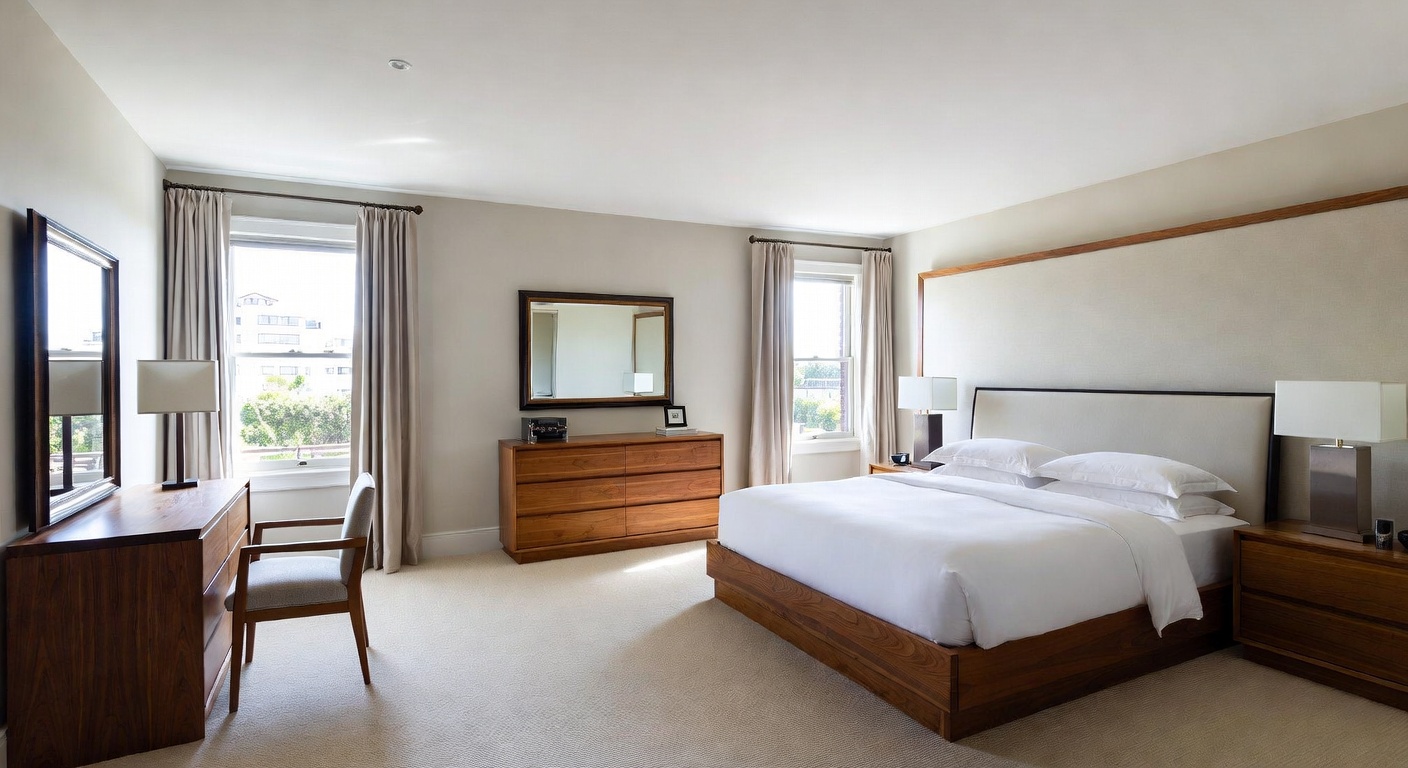 Modern bedroom with clean furniture lines suitable for AI identification