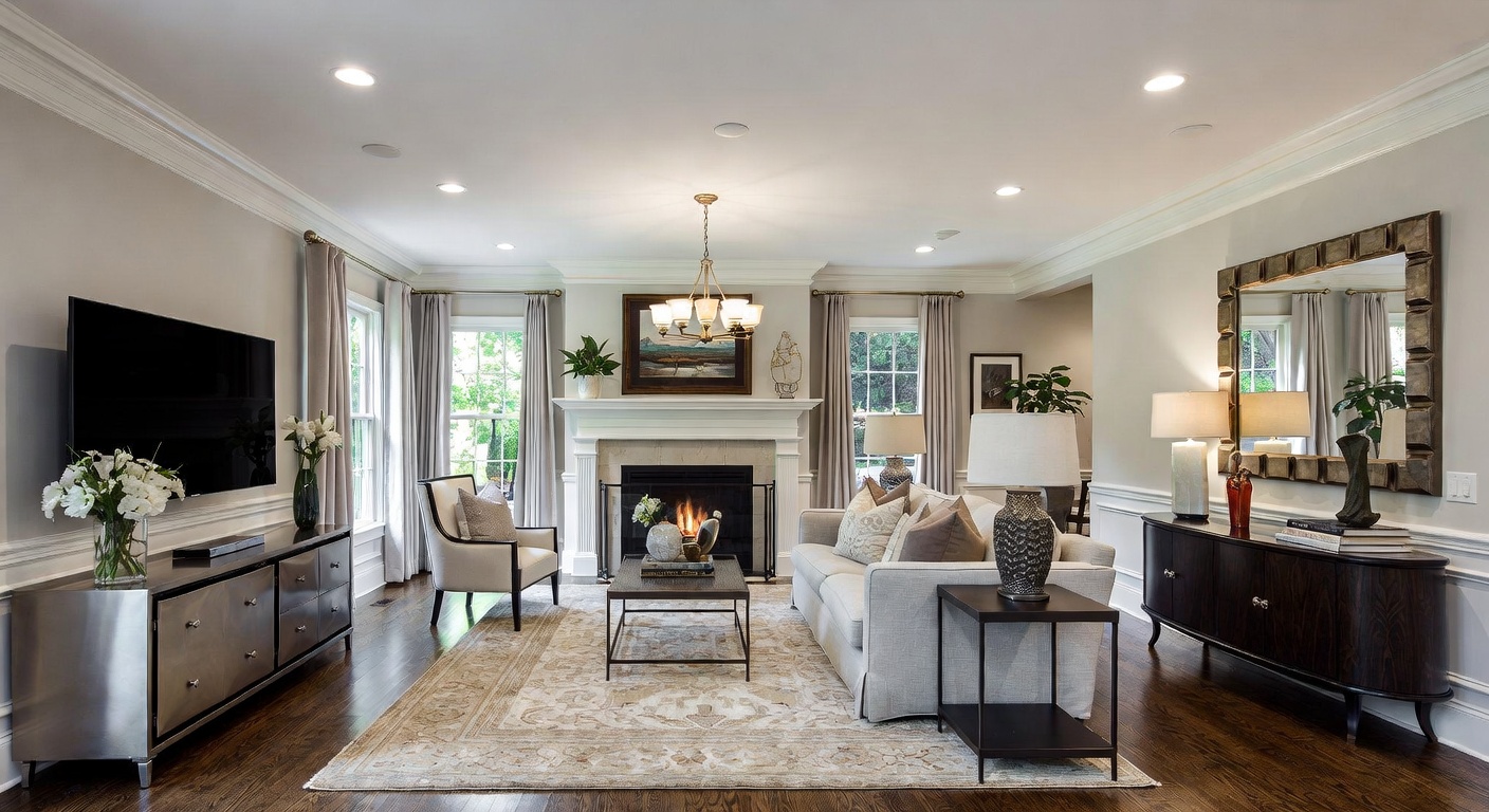 New traditional living room blending classic architectural details with updated furniture and a fresh color palette