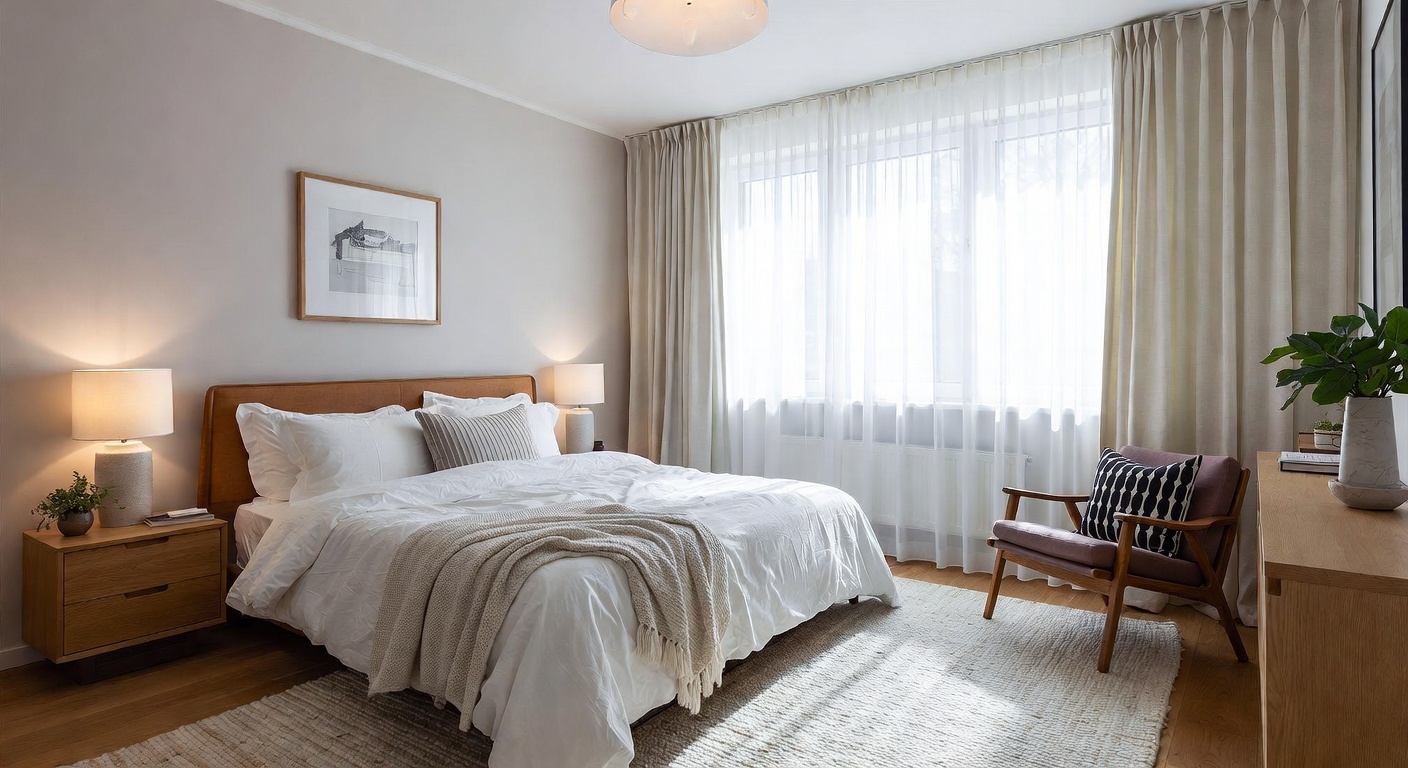 Nordic-style bedroom with natural textures, muted tones, and a serene atmosphere