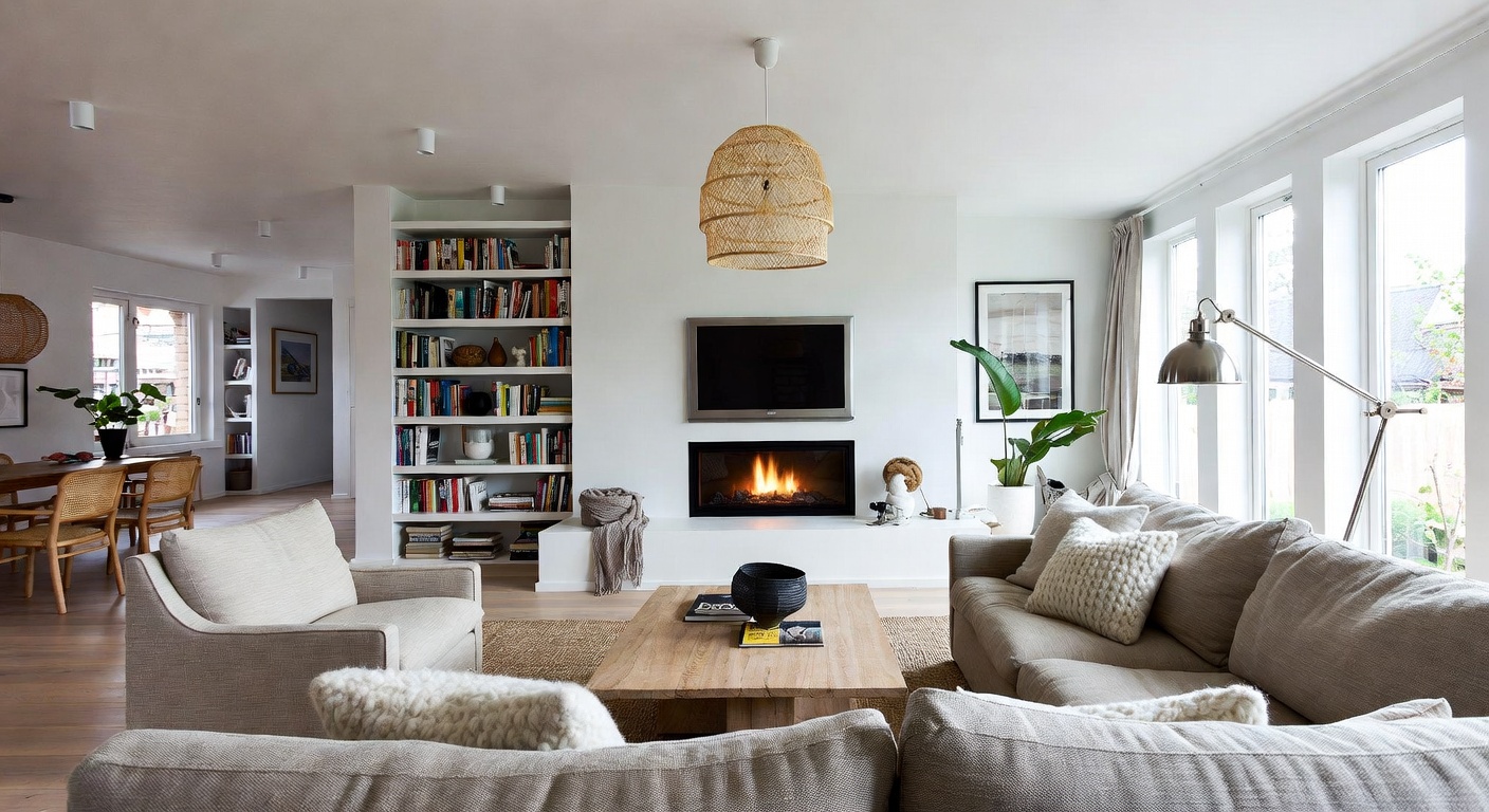 Scandinavian living room with natural light, warm wood tones, and cozy textiles