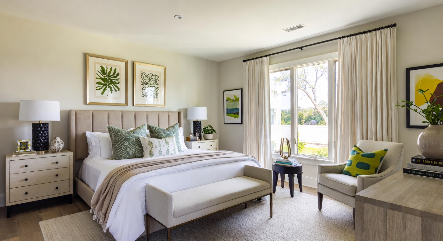 Transitional bedroom with upholstered headboard, layered bedding, and warm neutral palette