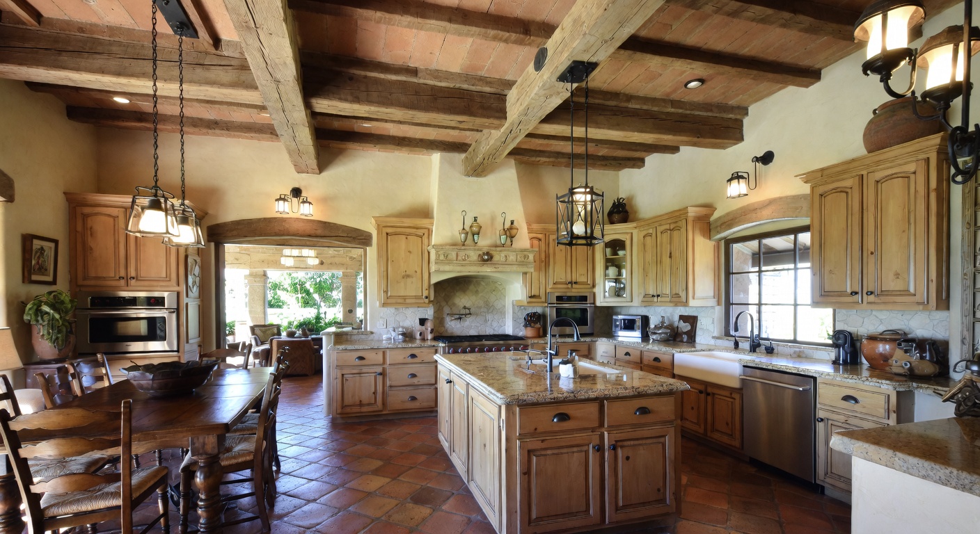 Tuscan-style kitchen with warm terracotta tones, natural stone, and rustic wood shelving
