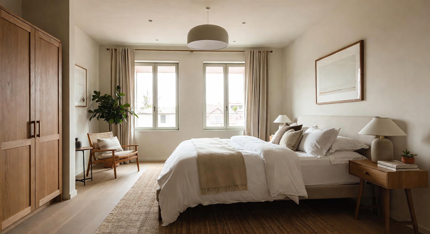 Warm minimalism bedroom with soft natural light and neutral textiles